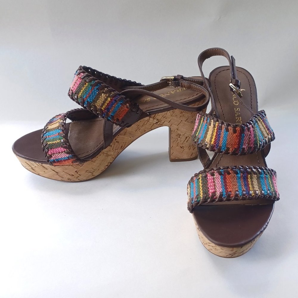 EUC Franco Sarto multicolor cork heel dual, 2 strap striped slingback sandals